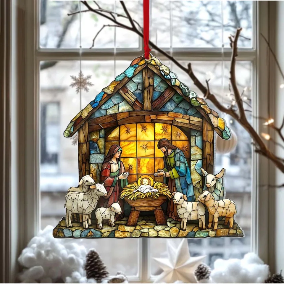 2D FLAT Faux Stained Glass Nativity Scene - Acrylic Ornament - Christmas Gift for Family, Friends - Image 2