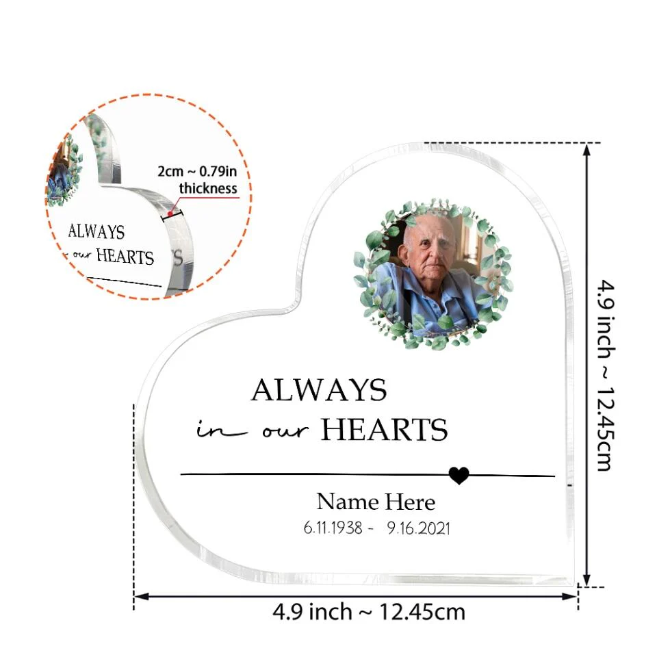 Always In Our Hearts Custom Heart Shaped Acrylic Plaque Memorial Gift - Image 3