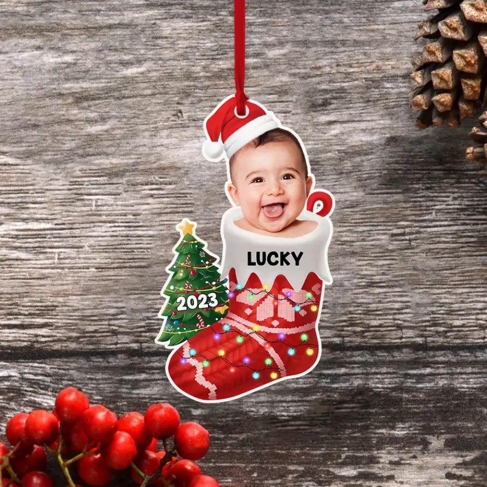 Baby In The Christmas Sock - Personalized Photo Acrylic Ornament - Christmas Gift for Newborn Baby, for New Parents - Image 3