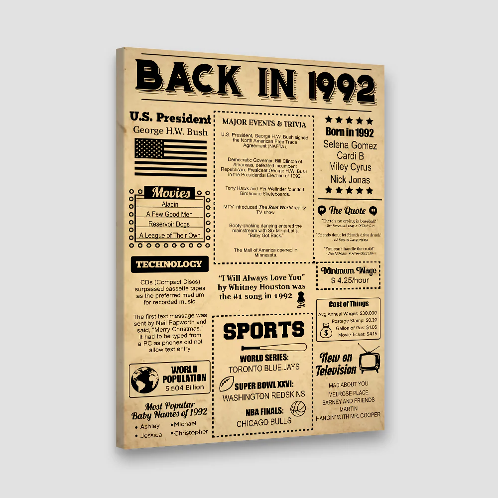 Back In 1992 Newspaper Canvas Poster Birthday Gift - Image 4