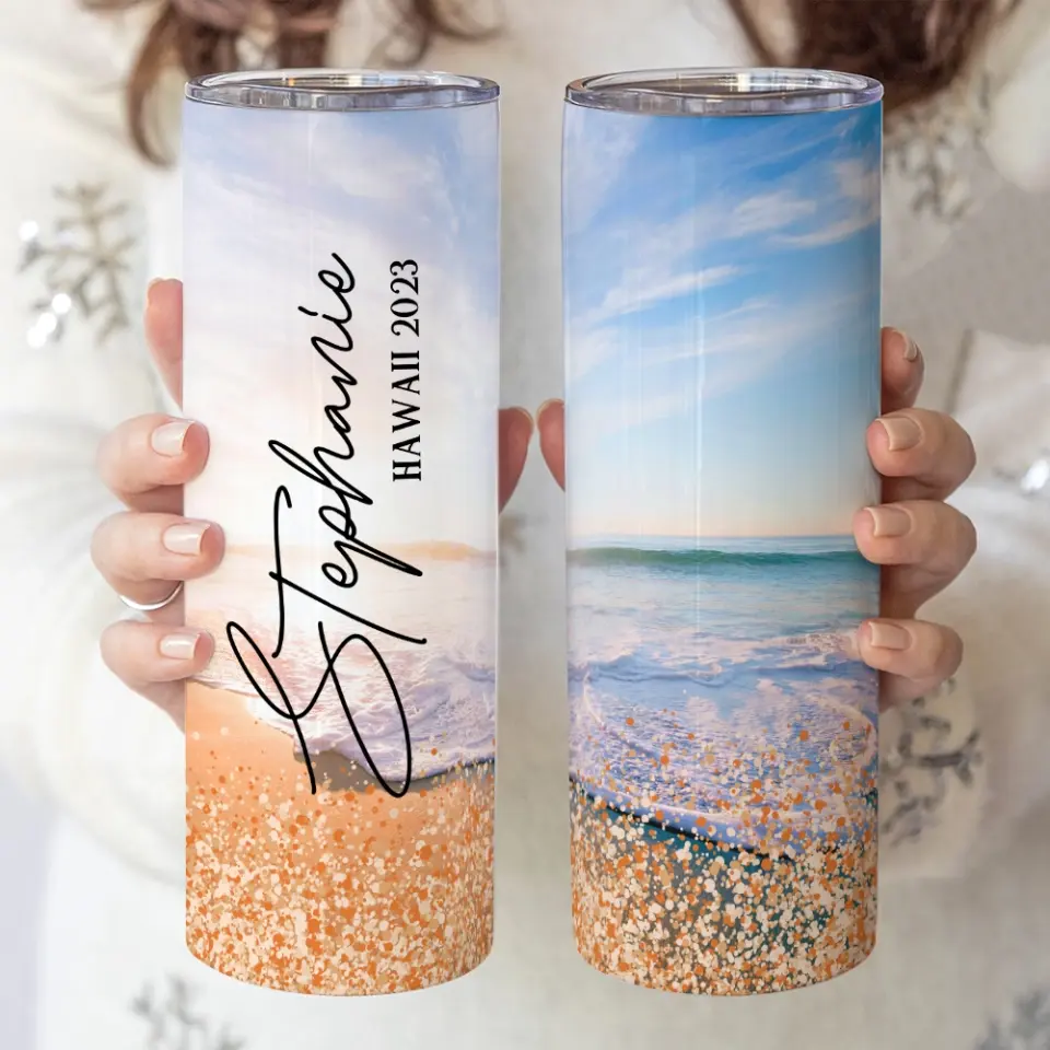 Beach Background Tumbler - Personalized 20oz Skinny Tumbler - Beach Gifts for Mom - Image 11
