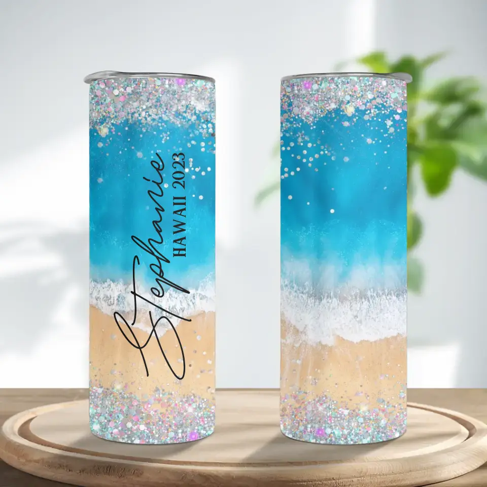 Beach Background Tumbler - Personalized 20oz Skinny Tumbler - Beach Gifts for Mom - Image 2