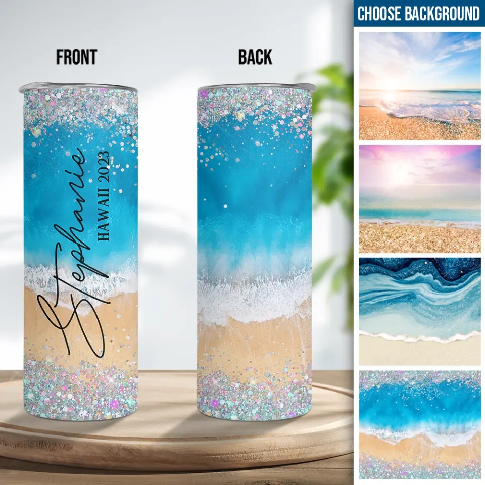 Beach Background Tumbler - Personalized 20oz Skinny Tumbler - Beach Gifts for Mom - Image 3