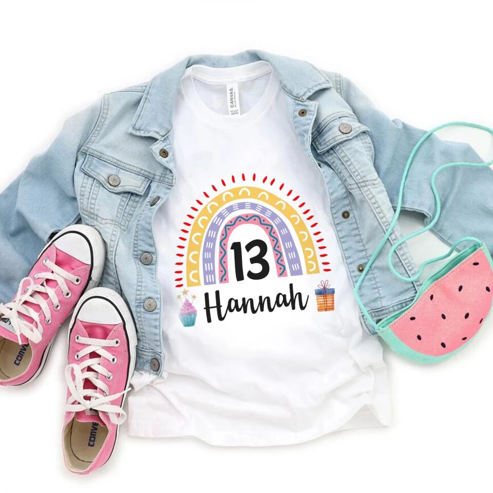 Birthday Rainbow Girl Tshirt - Custom Name & Age - 13th Birthday Gift For Girl - Image 8