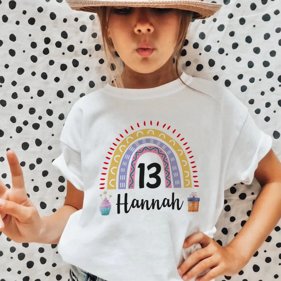 Birthday Rainbow Girl Tshirt - Custom Name & Age - 13th Birthday Gift For Girl - Image 9