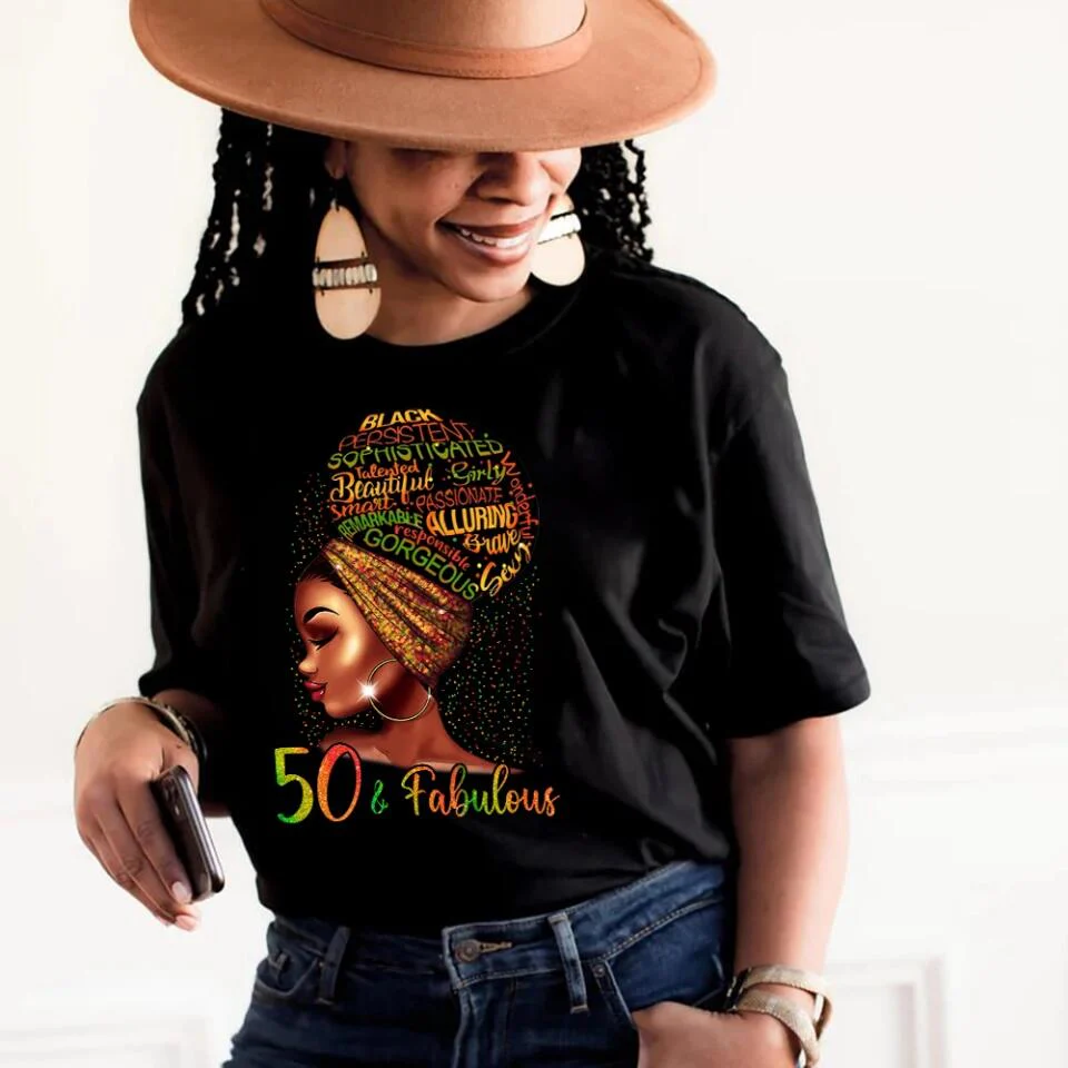 Black Women 50 & Fabulous with Characteristics - Black History Month Gift - T-shirt - Unisex Tee - 50th Birthday Gift - 50 Years Old Birthday Idea - Birthday Gift for Mom Auntie Bestie Beloved - 303ICNNPTS284 - Image 3