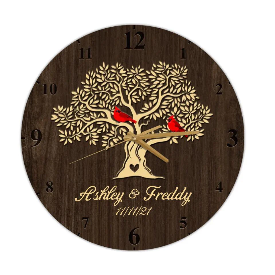 Cardinals On The Tree - Personalized Wooden Wall Clock - Anniversary Gift For Parents/ For Mom, For Her - 210IHNBNWC708 - Image 3
