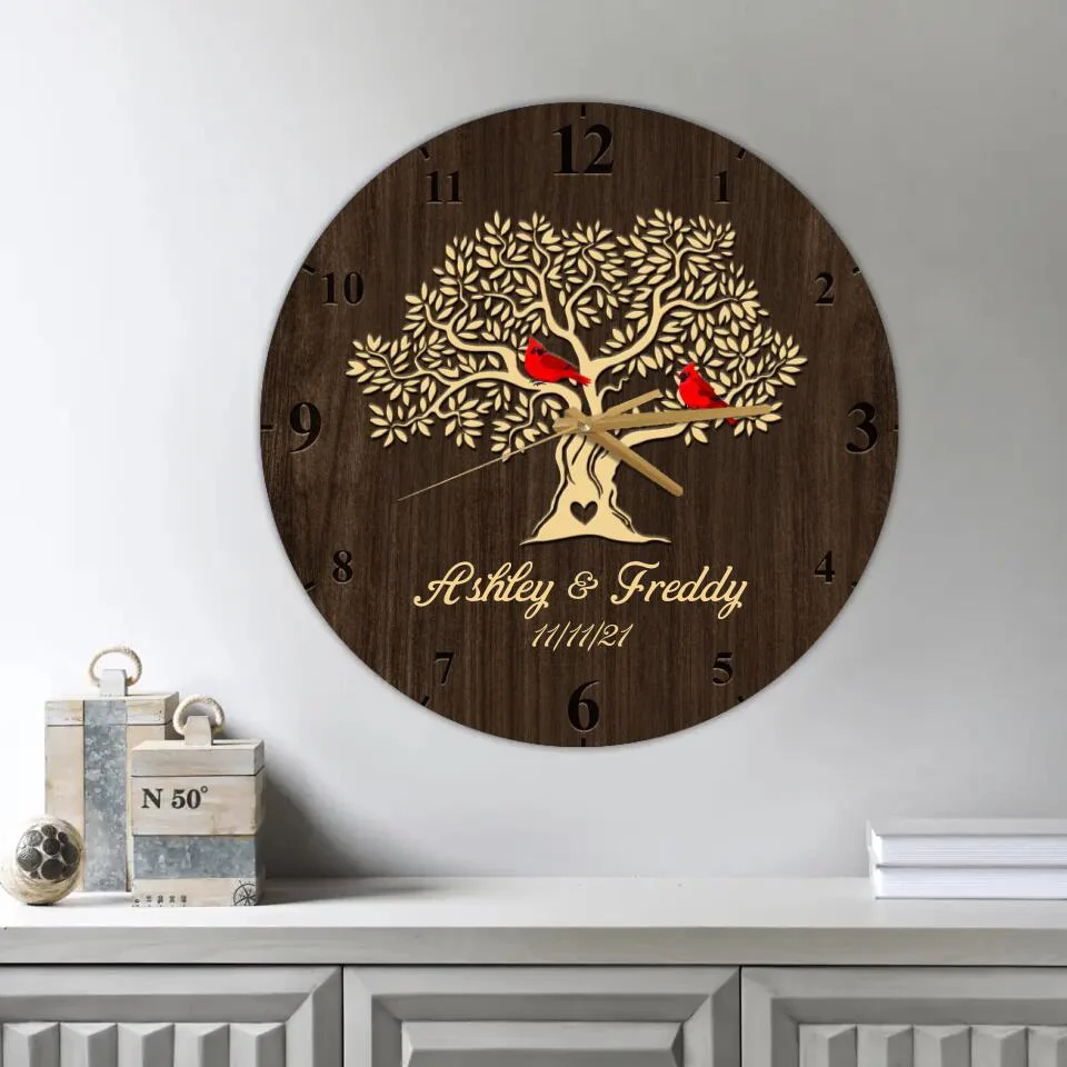 Cardinals On The Tree - Personalized Wooden Wall Clock - Anniversary Gift For Parents/ For Mom, For Her - 210IHNBNWC708 - Image 4