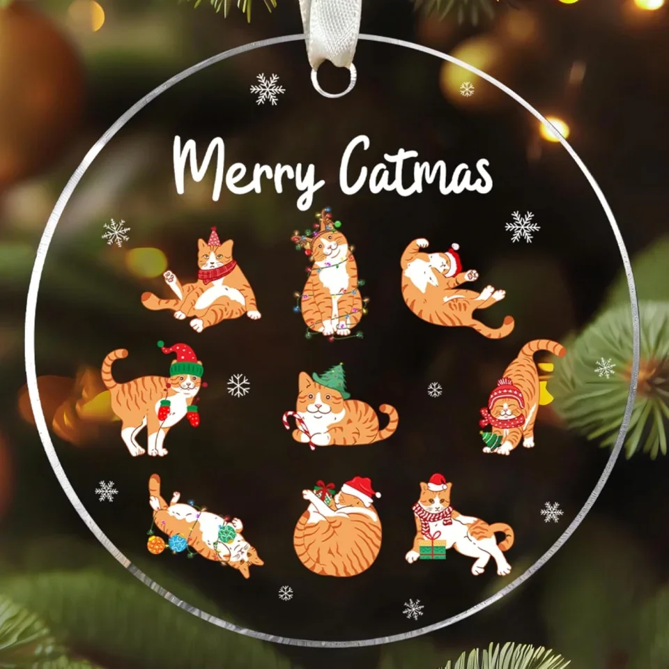Cat Christmas Acrylic Ornament - Gifts for Cat Lovers for Women - Orange Tabby Cat Ornament - Xmas Hanging Decor