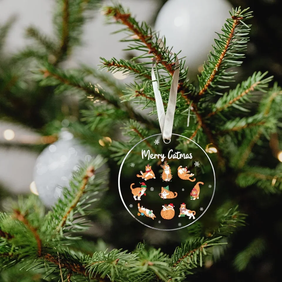Cat Christmas Acrylic Ornament - Gifts for Cat Lovers for Women - Orange Tabby Cat Ornament - Xmas Hanging Decor - Image 2