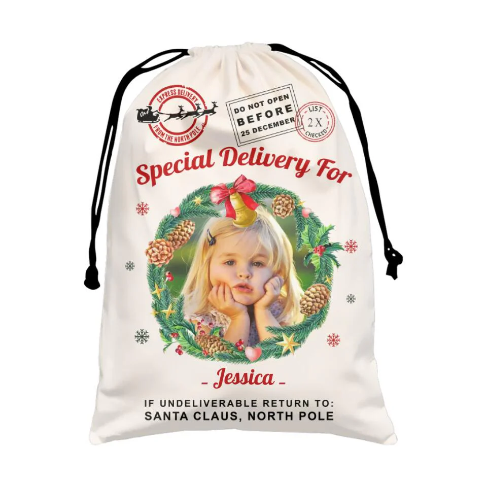 Christmas Santa Sack With Photo and Wreath - Personalized Sack - Image 3