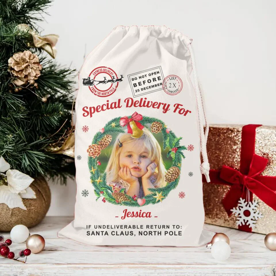 Christmas Santa Sack With Photo and Wreath - Personalized Sack - Image 4