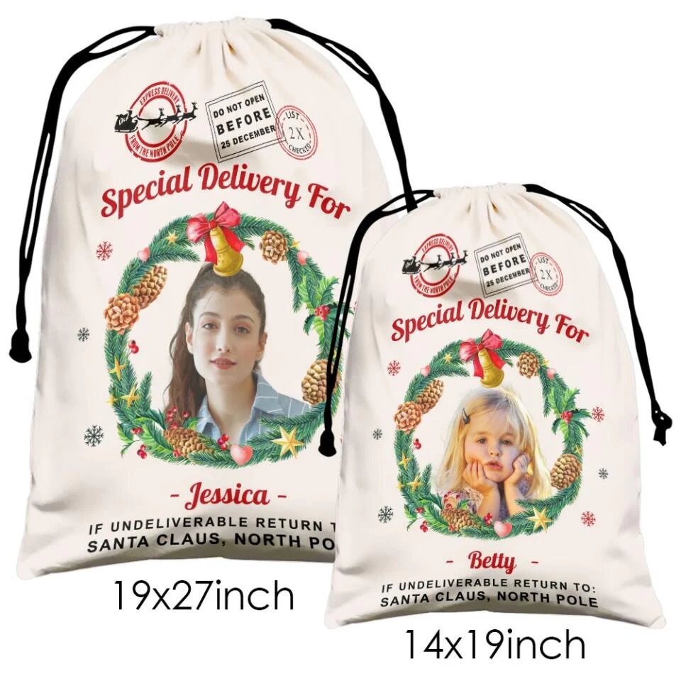 Christmas Santa Sack With Photo and Wreath - Personalized Sack - Image 5