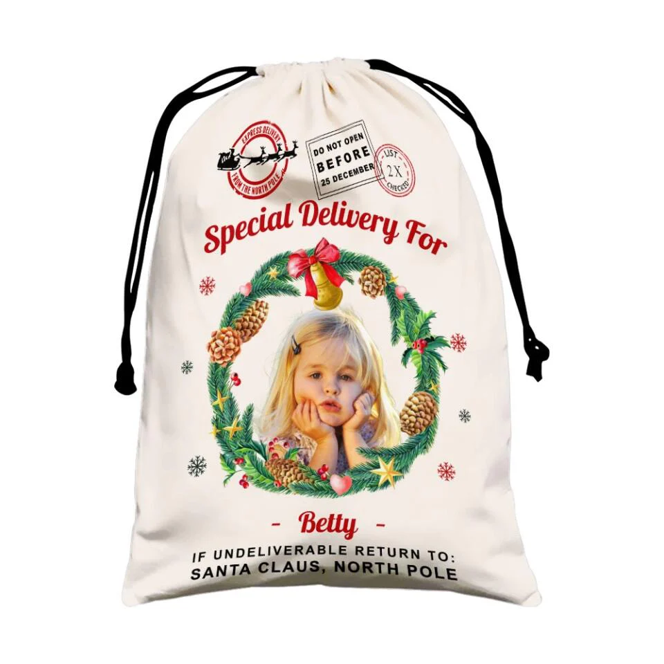 Christmas Santa Sack With Photo and Wreath - Personalized Sack - Image 6