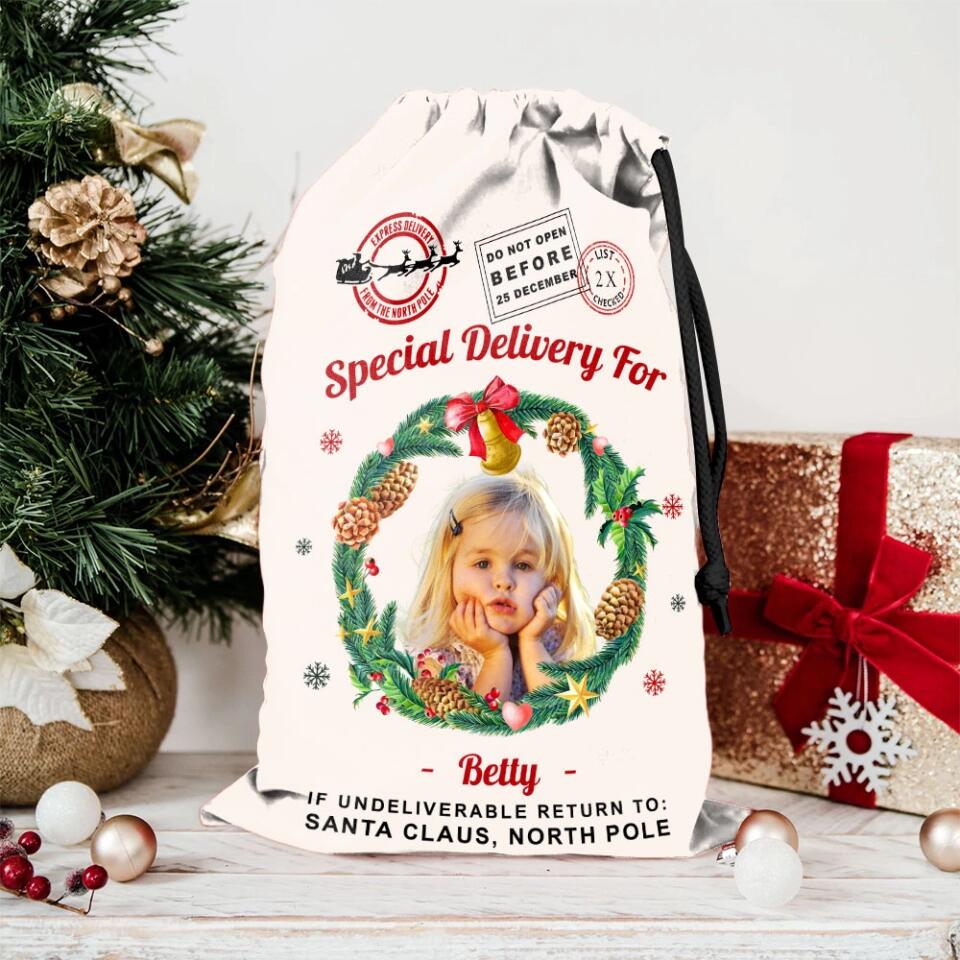 Christmas Santa Sack With Photo and Wreath - Personalized Sack - Image 7