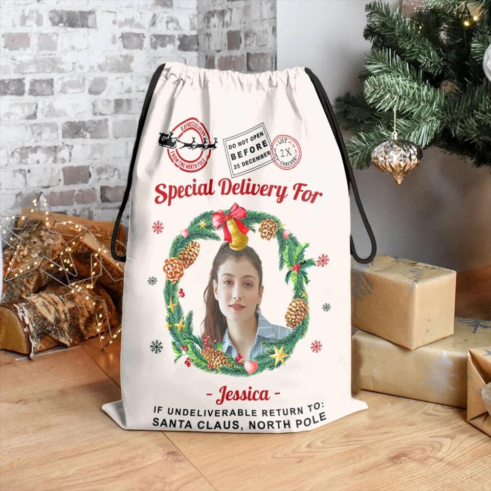 Christmas Santa Sack With Photo and Wreath - Personalized Sack - Image 8