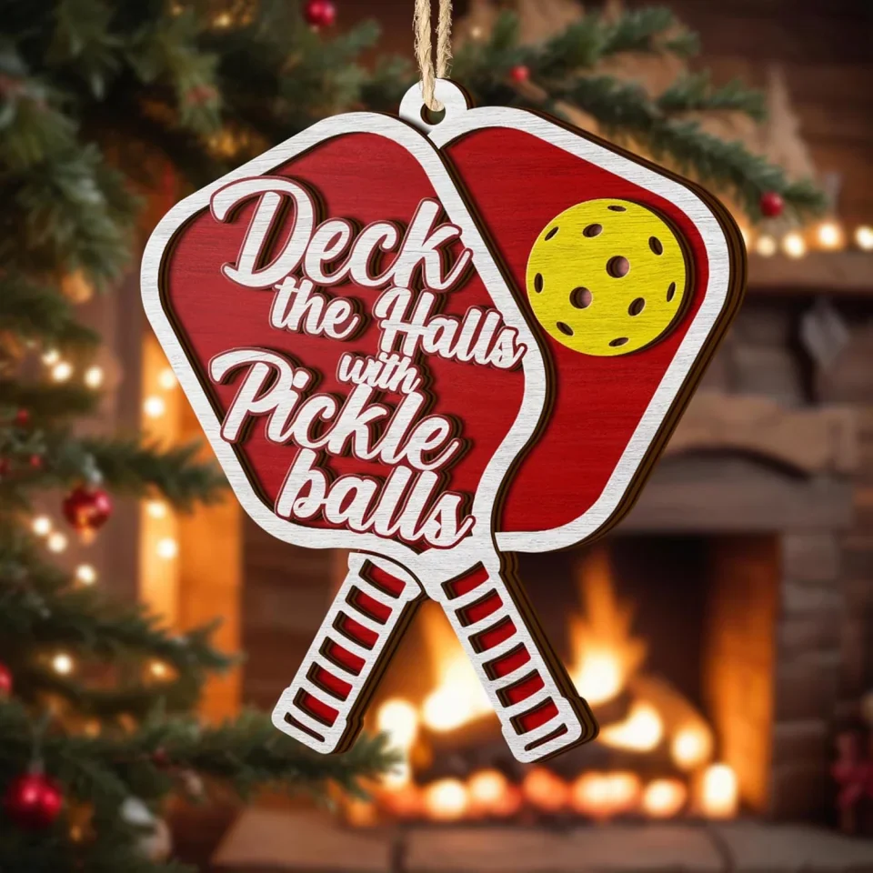 Deck the Halls with Pickleballs - Pickleball Ornaments 2025 - Funny Christmas Ornaments - Gift for Pickleball Players - 2 Layers Wooden Ornaments for Christmas Tree Hanging