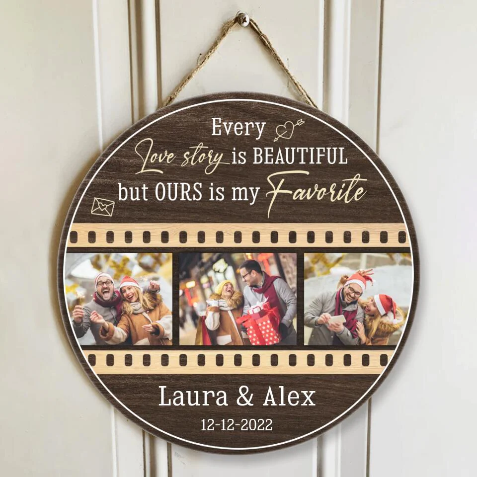 Couple Wooden Sign Every Love Story Is Beautiful Custom Round Wooden Sign Christmas Gifts - Image 3