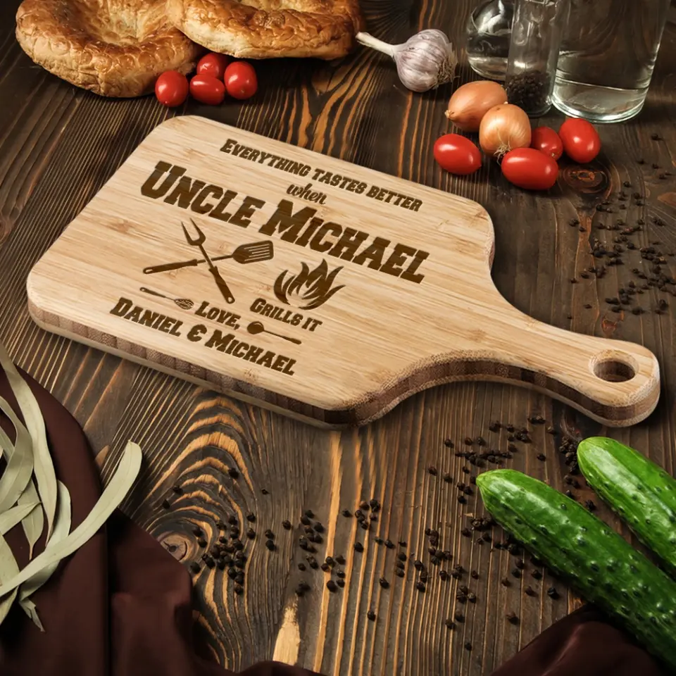 Everything Tastes Better When Uncle Grills It - Personalized Wood Cutting Board - Image 5
