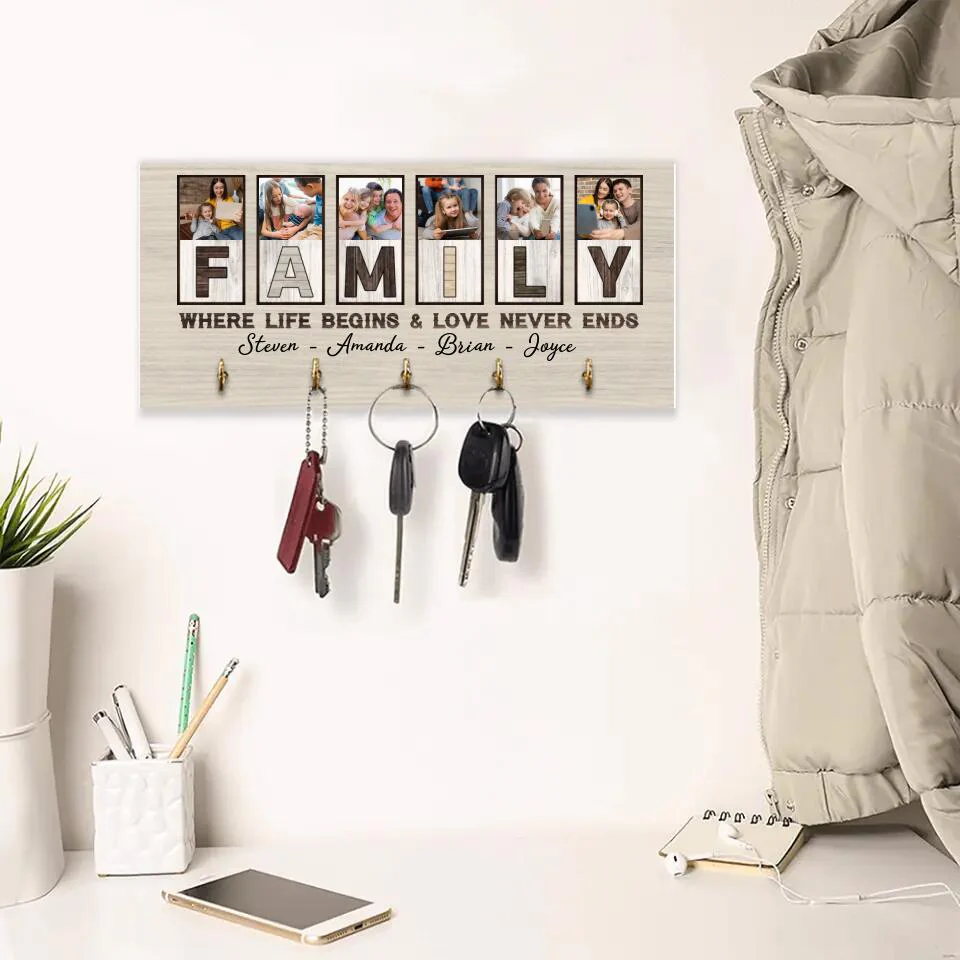 Family Where Life Begins And Love Never Ends, Custom Family Name Wooden Key Holder Hanger, Indoor Home Decor Gift - Image 3