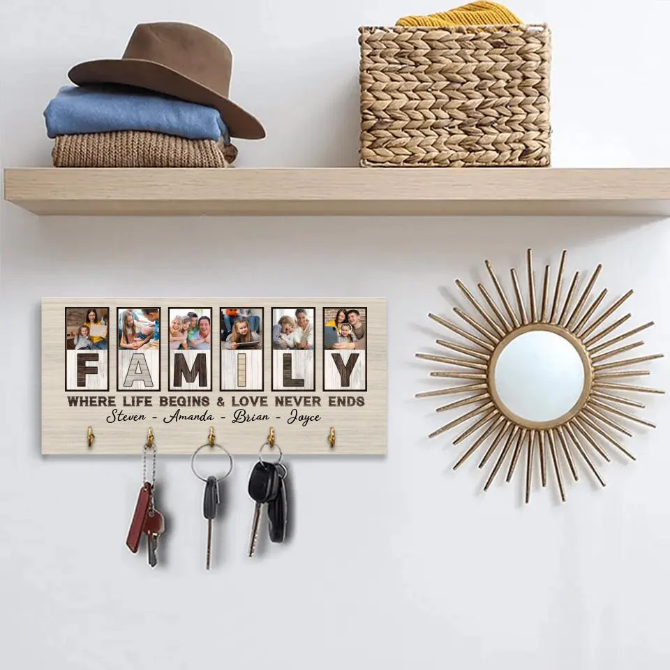 Family Where Life Begins And Love Never Ends, Custom Family Name Wooden Key Holder Hanger, Indoor Home Decor Gift - Image 4