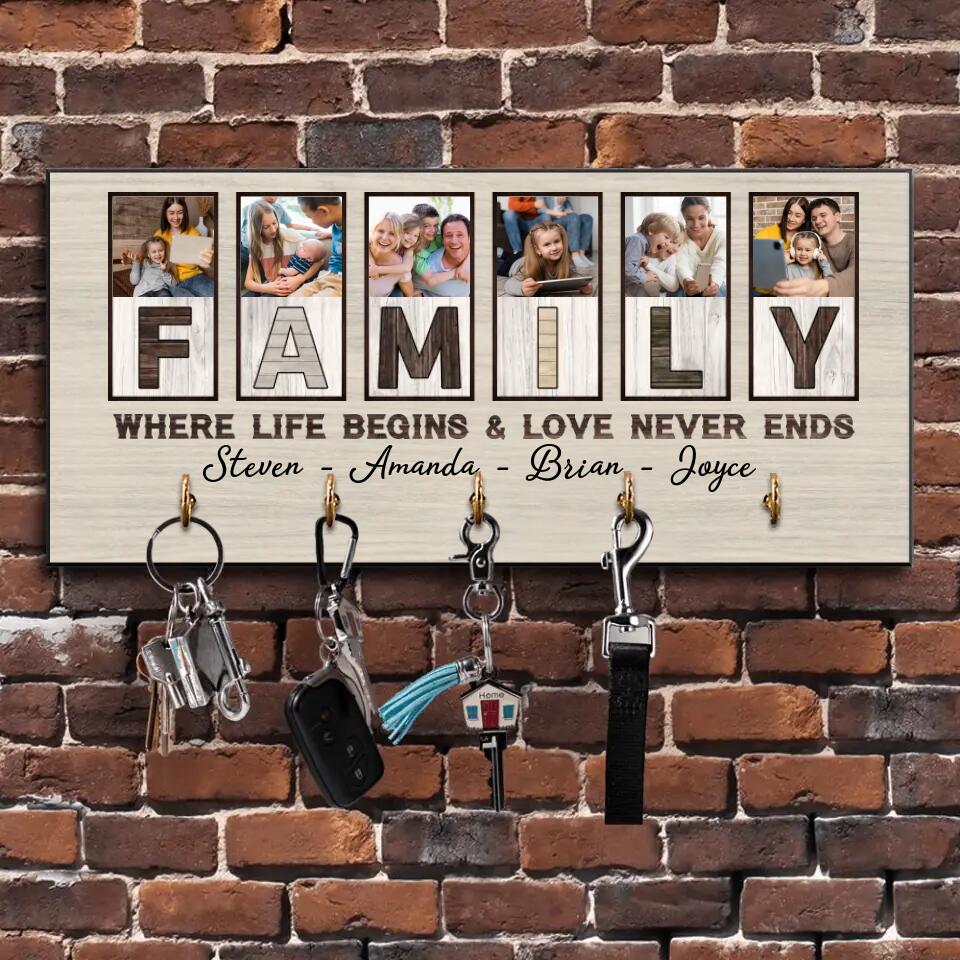 Family Where Life Begins And Love Never Ends, Custom Family Name Wooden Key Holder Hanger, Indoor Home Decor Gift - Image 5