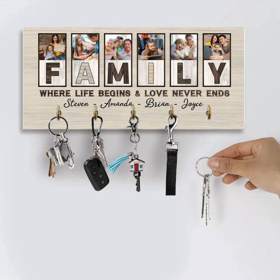 Family Where Life Begins And Love Never Ends, Custom Family Name Wooden Key Holder Hanger, Indoor Home Decor Gift - Image 6