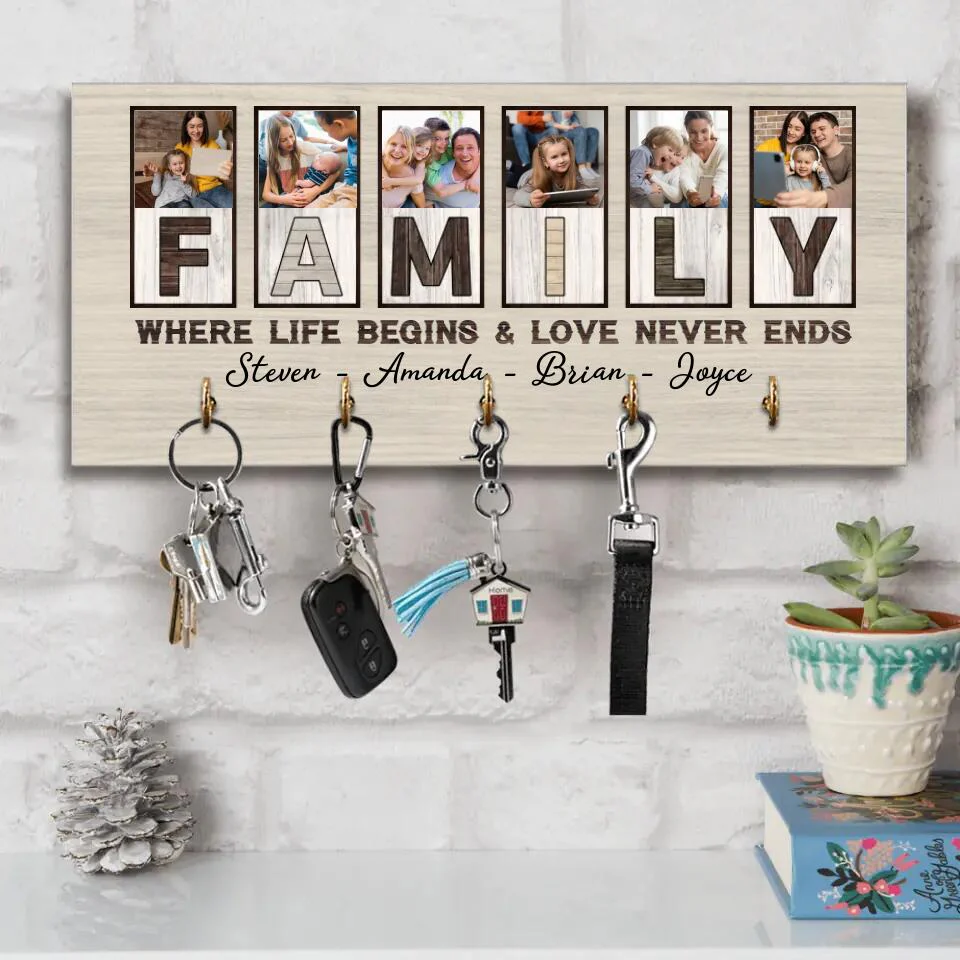 Family Where Life Begins And Love Never Ends, Custom Family Name Wooden Key Holder Hanger, Indoor Home Decor Gift - Image 7