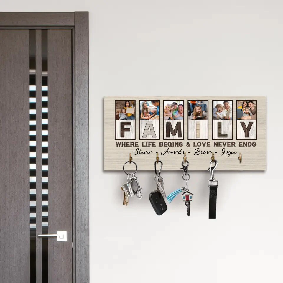 Family Where Life Begins And Love Never Ends, Custom Family Name Wooden Key Holder Hanger, Indoor Home Decor Gift - Image 8