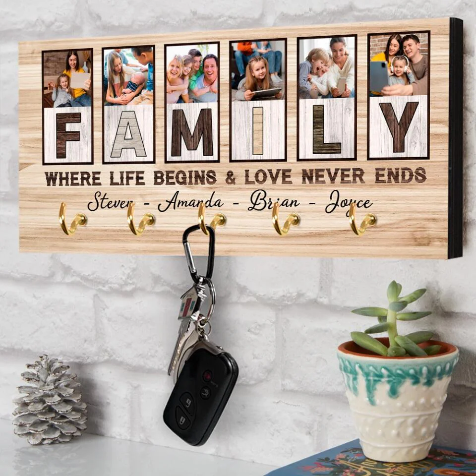Family Where Life Begins And Love Never Ends, Custom Family Name Wooden Key Holder Hanger, Indoor Home Decor Gift - Image 9