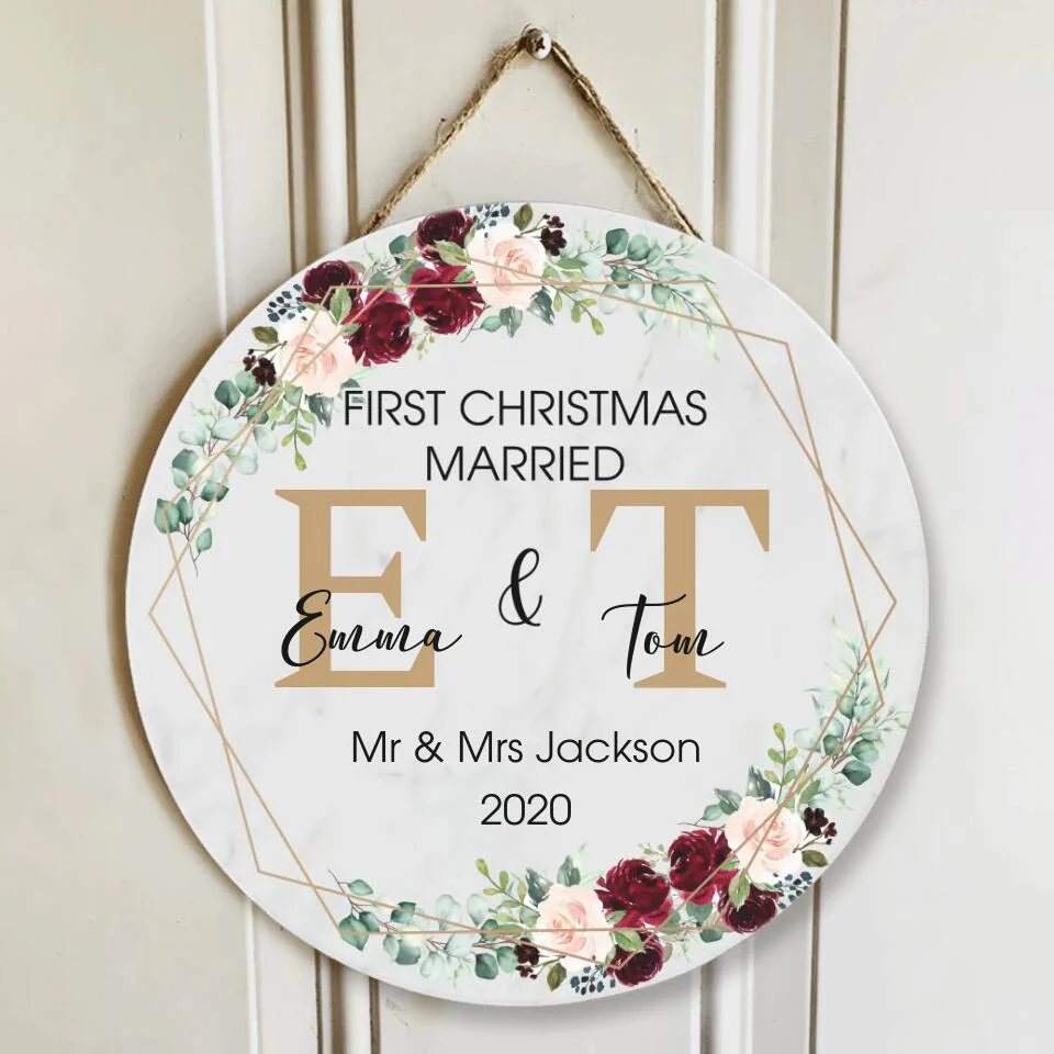 Couple Wooden Sign First Christmas Married - Custom Round Wooden Sign - Gift for Wedding Anniversary Christmas Decor - Image 3