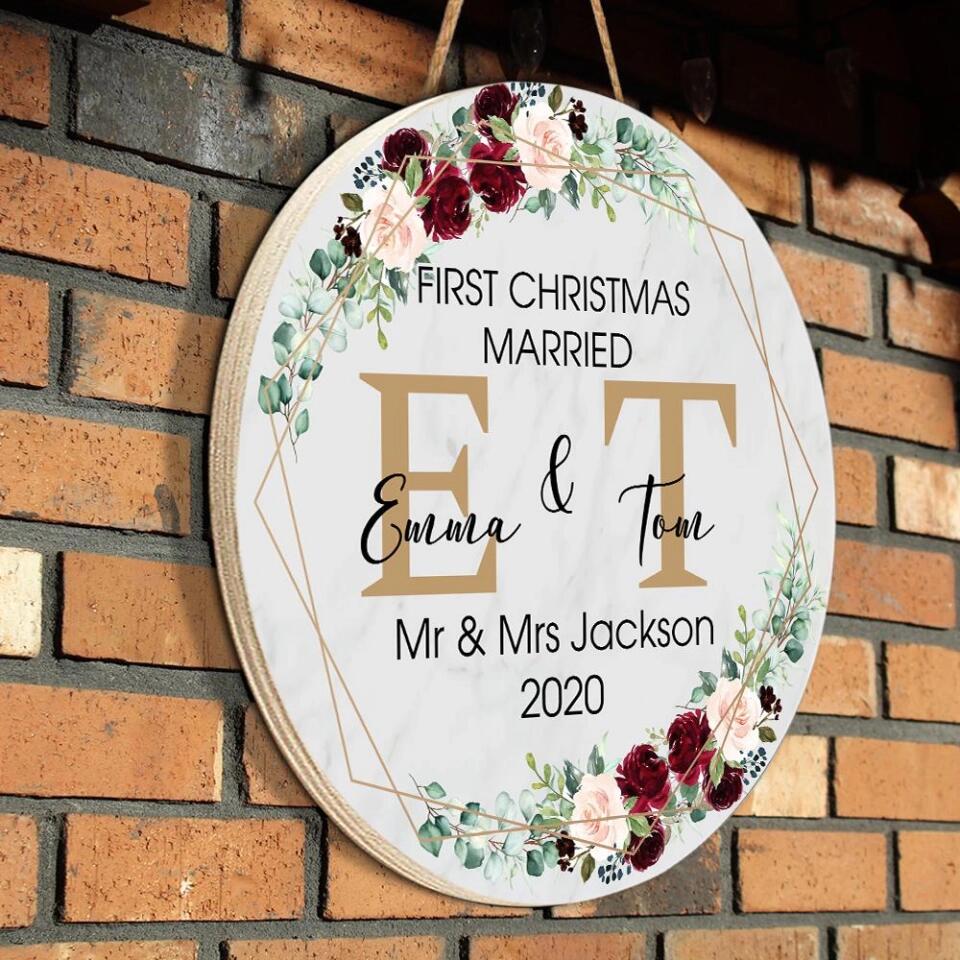 Couple Wooden Sign First Christmas Married - Custom Round Wooden Sign - Gift for Wedding Anniversary Christmas Decor - Image 4