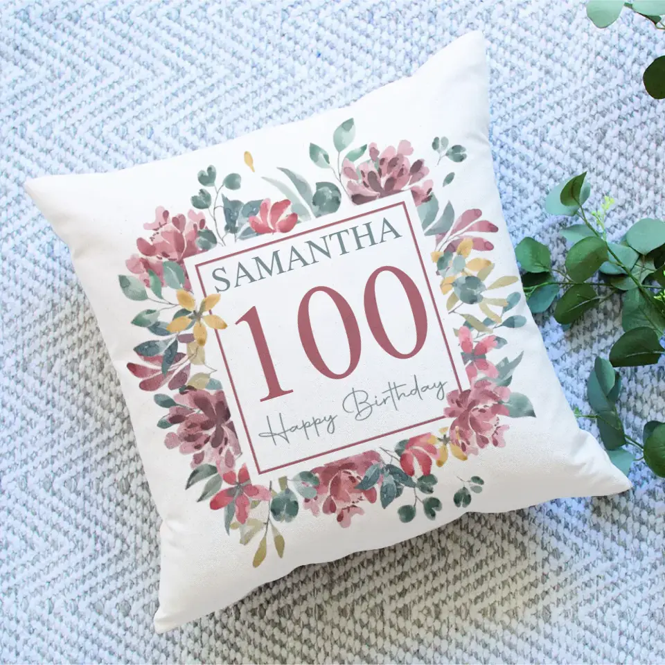 Floral Design Personalized Square Linen Pillow Birthday Gift - Image 2