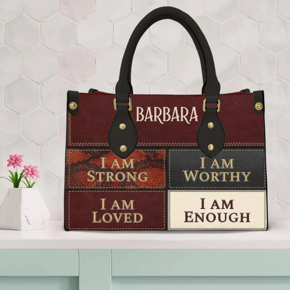 I Am Strong, I Am Worthy, I Am Loved, I Am Enough - Personalized Leather Hand Bag with Name - Christian Gifts for Women - Image 3