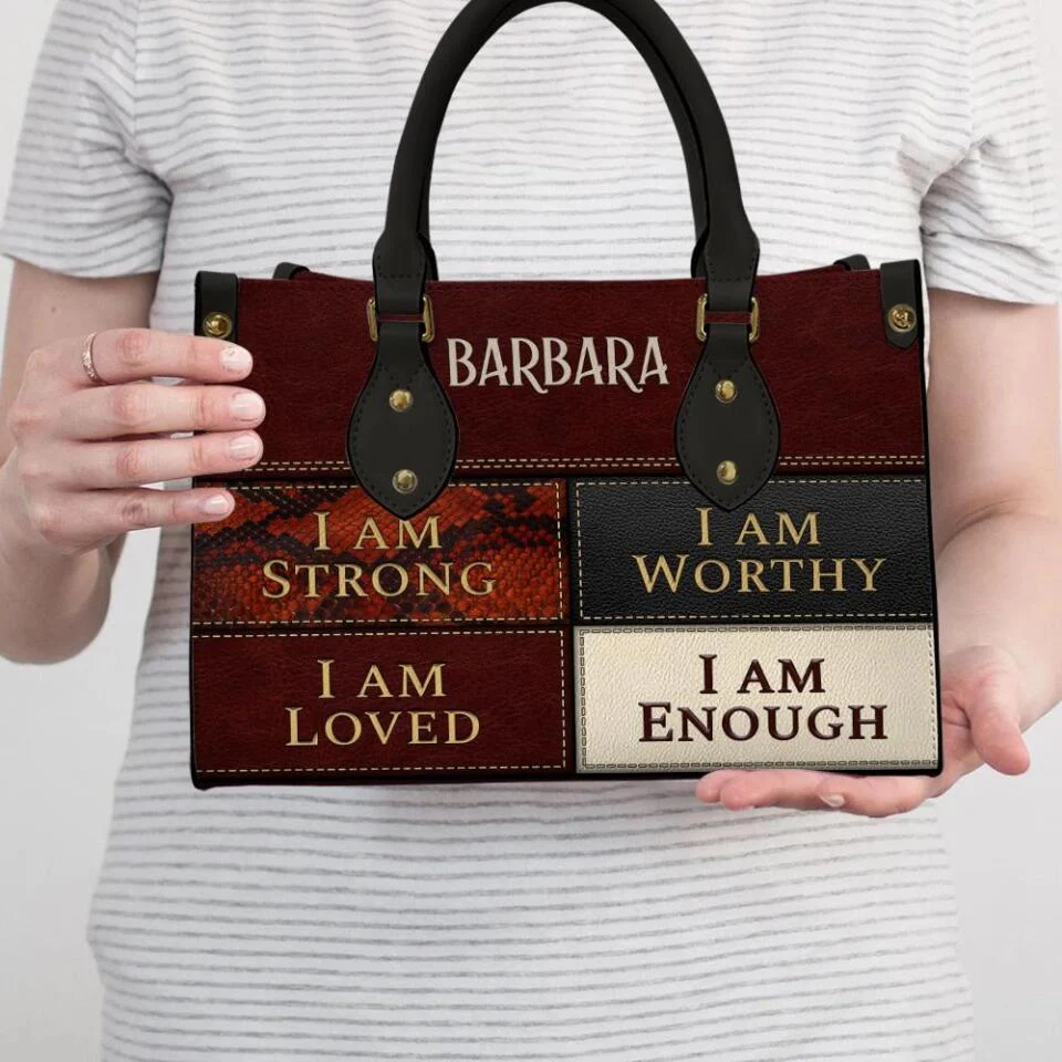 I Am Strong, I Am Worthy, I Am Loved, I Am Enough - Personalized Leather Hand Bag with Name - Christian Gifts for Women - Image 4