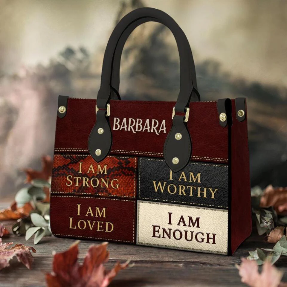I Am Strong, I Am Worthy, I Am Loved, I Am Enough - Personalized Leather Hand Bag with Name - Christian Gifts for Women - Image 5