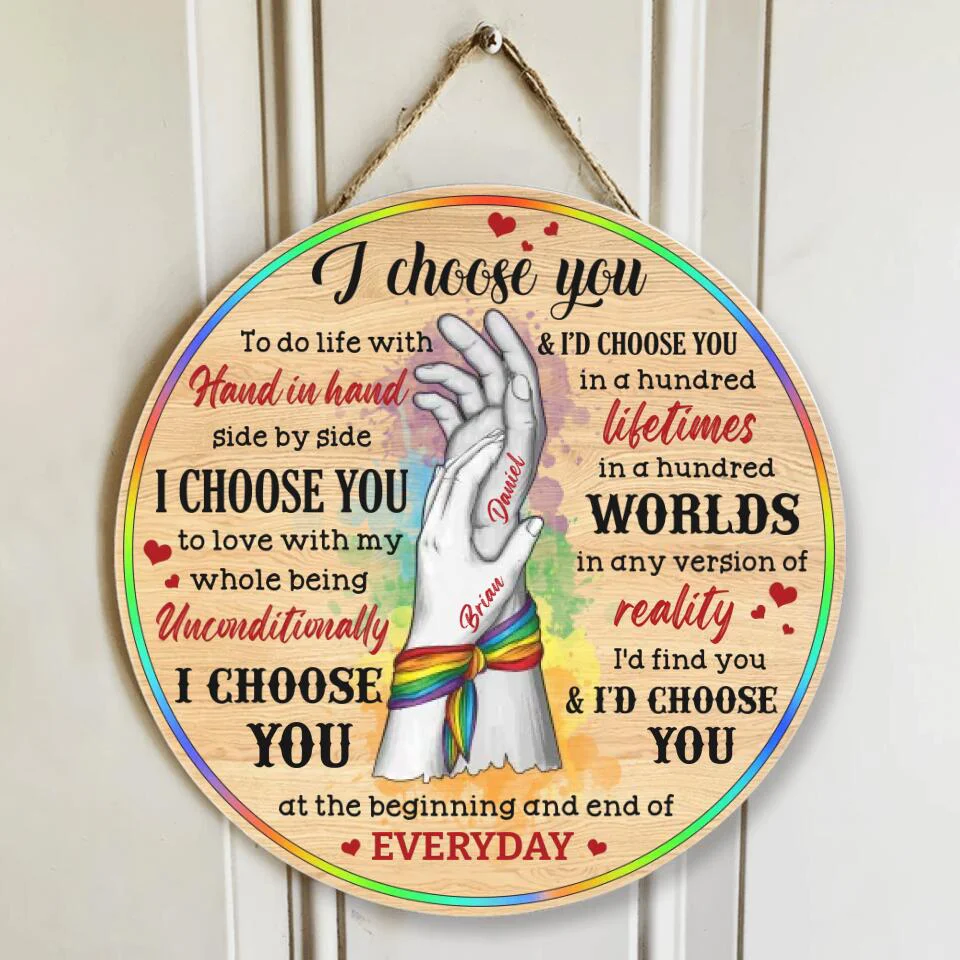 Couple Wooden Sign I Choose You and I'd Choose You - Personalized Round Wooden Sign - Gifts For LGBT Couple - Image 3