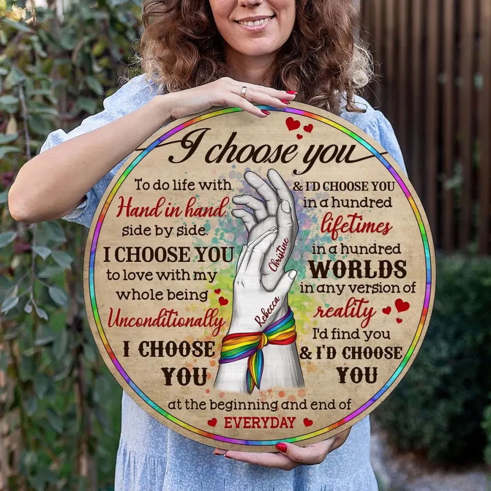 Couple Wooden Sign I Choose You and I'd Choose You - Personalized Round Wooden Sign - Gifts For LGBT Couple - Image 9
