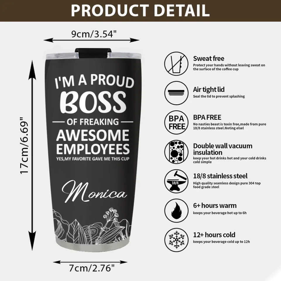 I'm a Proud Boss of Freaking Awesome Employees - Boss Nutrition Facts - Personalized Name - 20oz Stainless Steel Tumbler - Funny Gift for Boss - Image 3