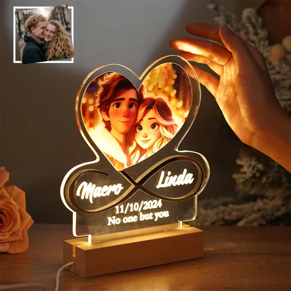Infinite love Shaped Lamp - Personalized Photo Night Light with Wooden Base - Romantic Gift for Her, Him - Image 3