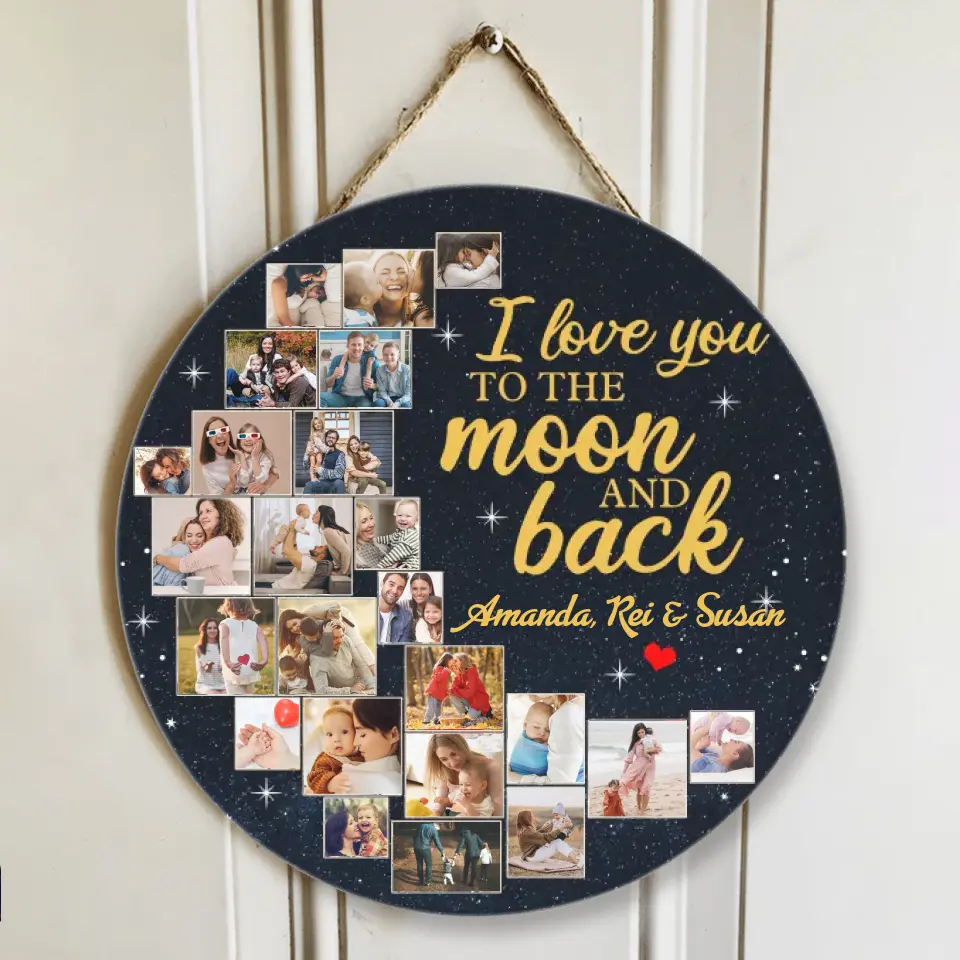 Couple Wooden Sign Love You to The Moon and Back, Custom Moon Shape Round Wood Sign, Personalized Collage Photos Gift - Image 2