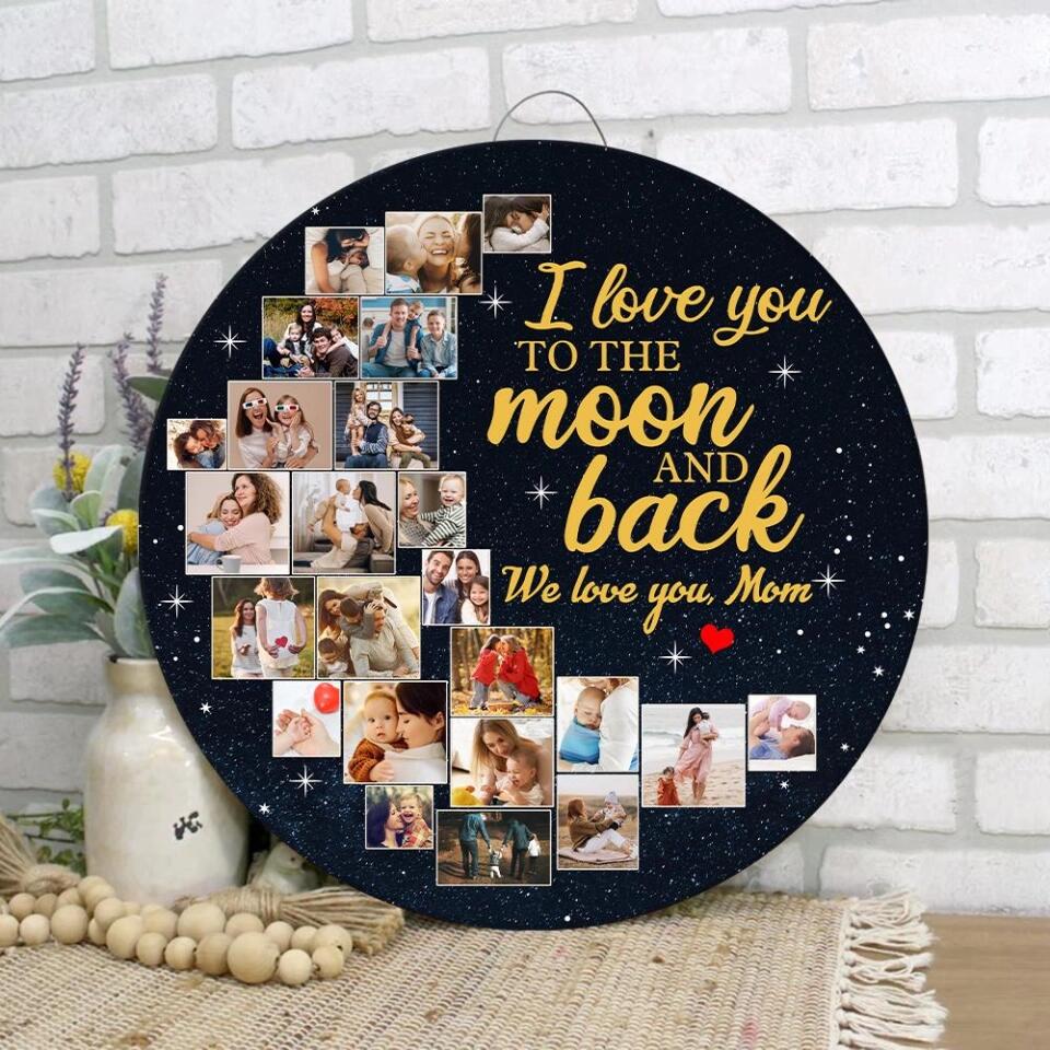 Couple Wooden Sign Love You to The Moon and Back, Custom Moon Shape Round Wood Sign, Personalized Collage Photos Gift - Image 5