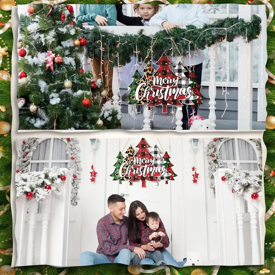 Merry Christmas Door Sign - Buffalo Plaid Tree Wood Decor - Farmhouse Hanging Plaque for Porch - Xmas Front Outdoor - Holiday Home Decor - Image 4