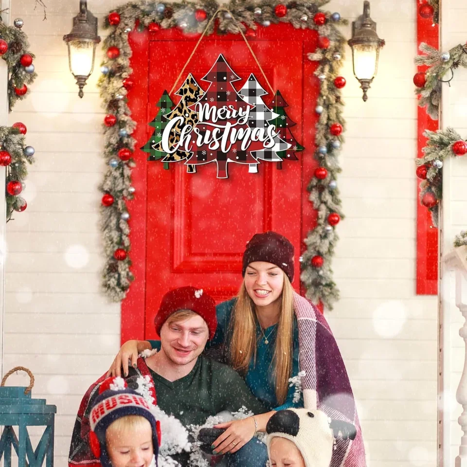 Merry Christmas Door Sign - Buffalo Plaid Tree Wood Decor - Farmhouse Hanging Plaque for Porch - Xmas Front Outdoor - Holiday Home Decor - Image 5