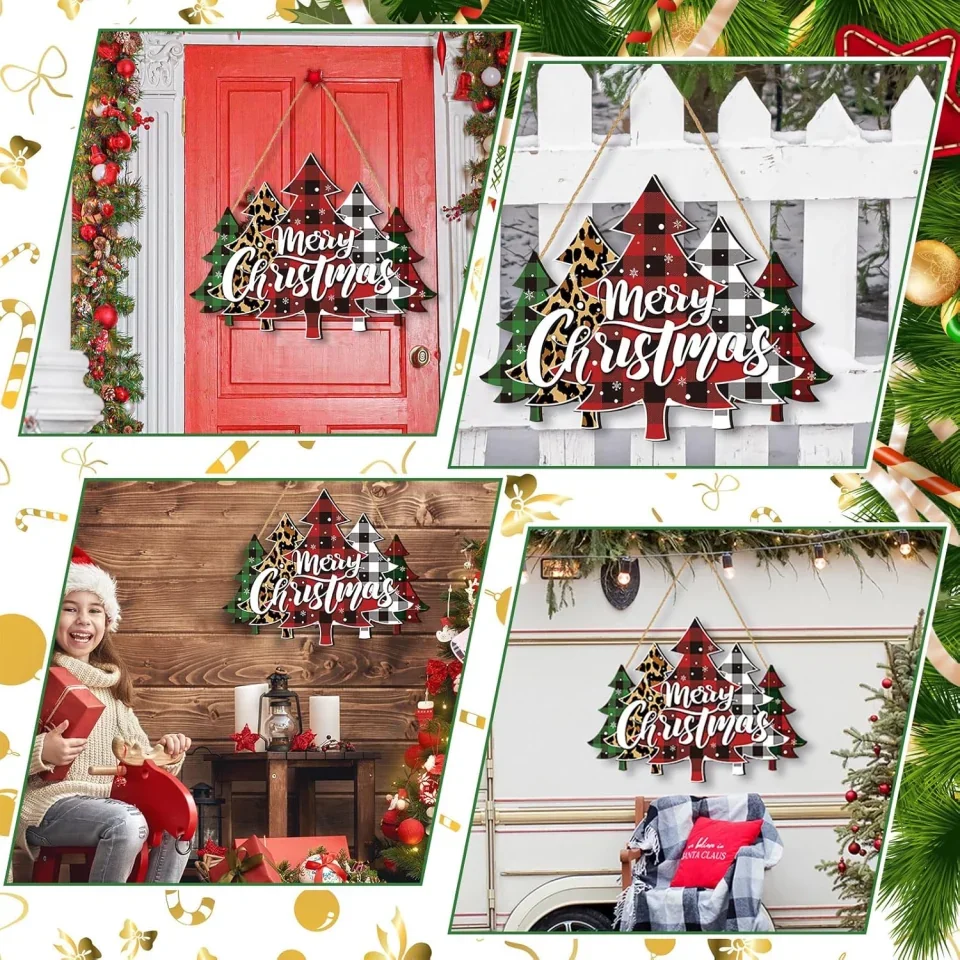 Merry Christmas Door Sign - Buffalo Plaid Tree Wood Decor - Farmhouse Hanging Plaque for Porch - Xmas Front Outdoor - Holiday Home Decor - Image 6