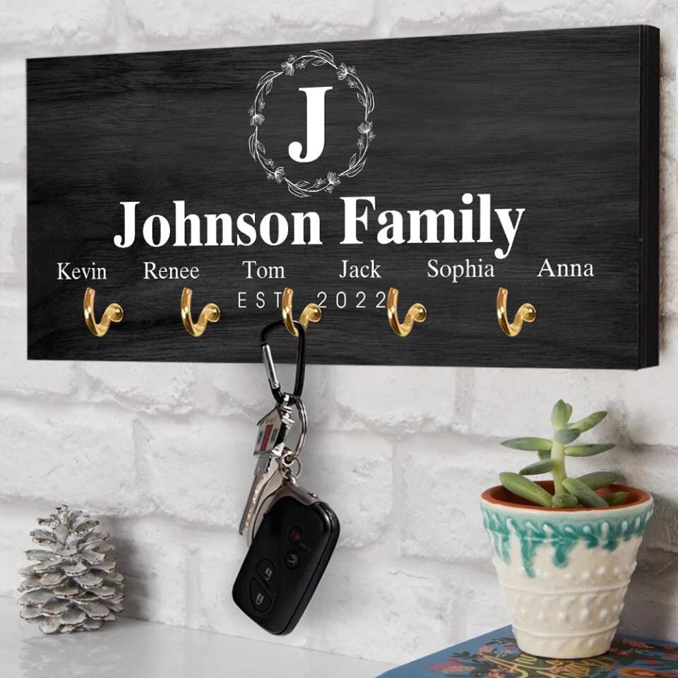 Personalized Monogram Letter & Family Name - Key Holder Hanger - Wooden Sign - Image 10