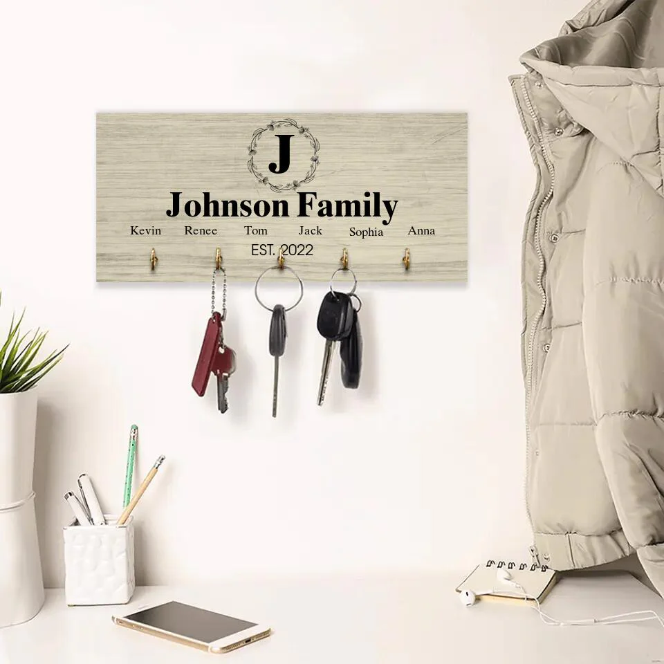 Personalized Monogram Letter & Family Name - Key Holder Hanger - Wooden Sign - Image 3