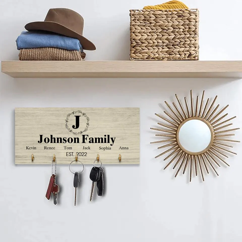 Personalized Monogram Letter & Family Name - Key Holder Hanger - Wooden Sign - Image 4