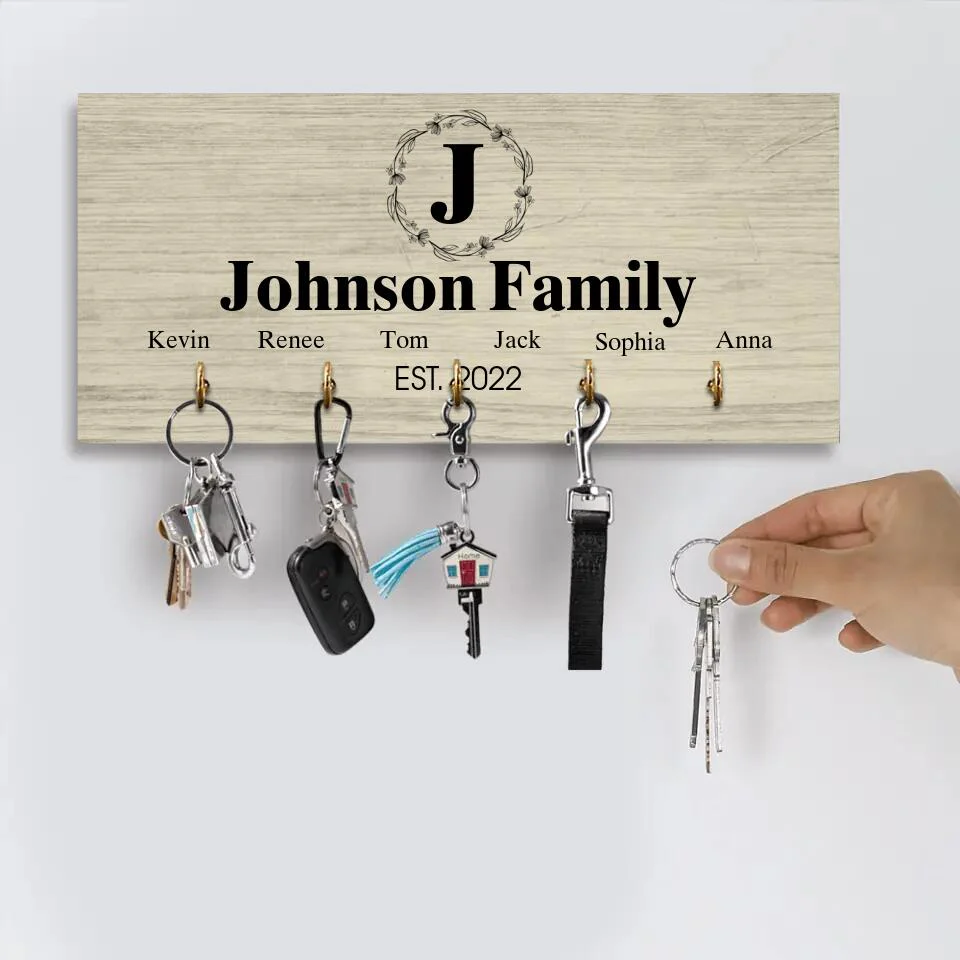 Personalized Monogram Letter & Family Name - Key Holder Hanger - Wooden Sign - Image 6