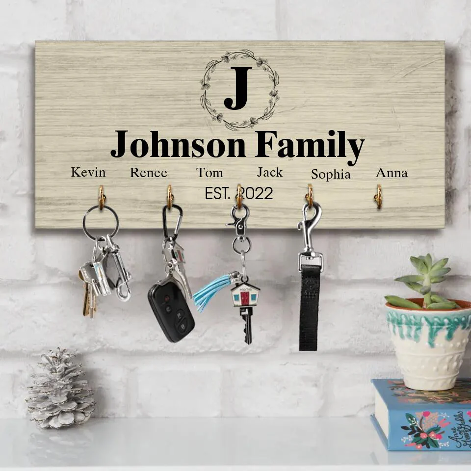 Personalized Monogram Letter & Family Name - Key Holder Hanger - Wooden Sign - Image 7